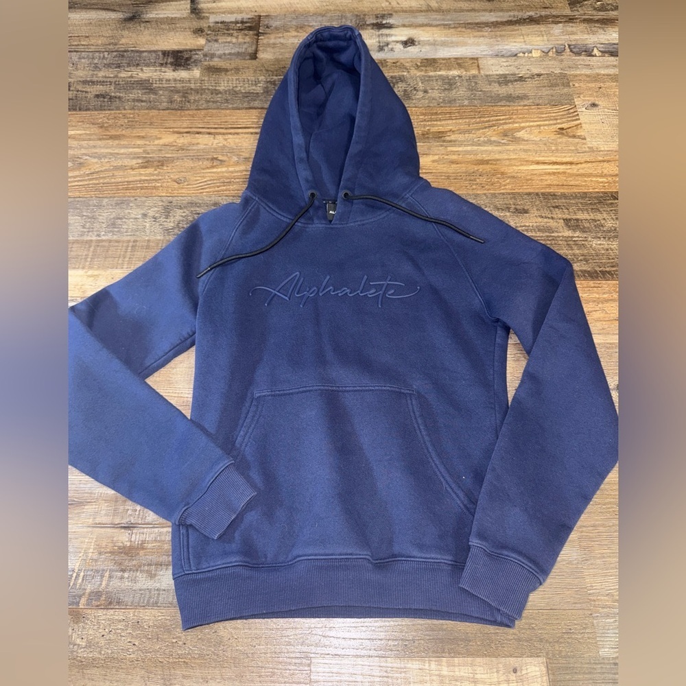 Alphalete Navy Script Logo Hoodie XS Fleece Lined Pullover Sweatshirt